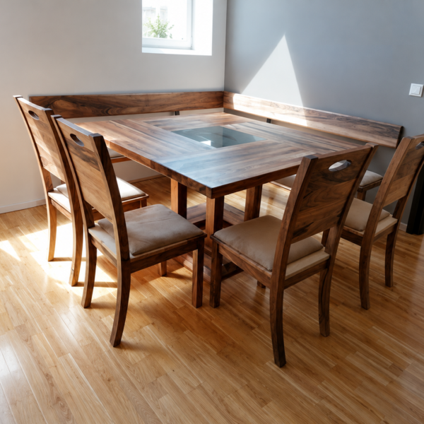 HEDDA – walnut table with bench and upholstered chairs