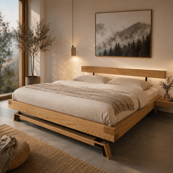 🔥 NEW MODEL – Solid Oak Beam Bed with Metal Base | Modern Rustic Design