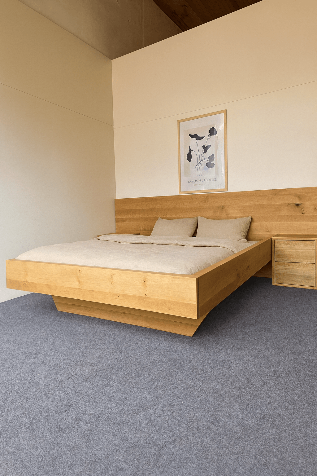 Modern wooden bed with a light wood finish and beige bedding in a minimalist bedroom setting.