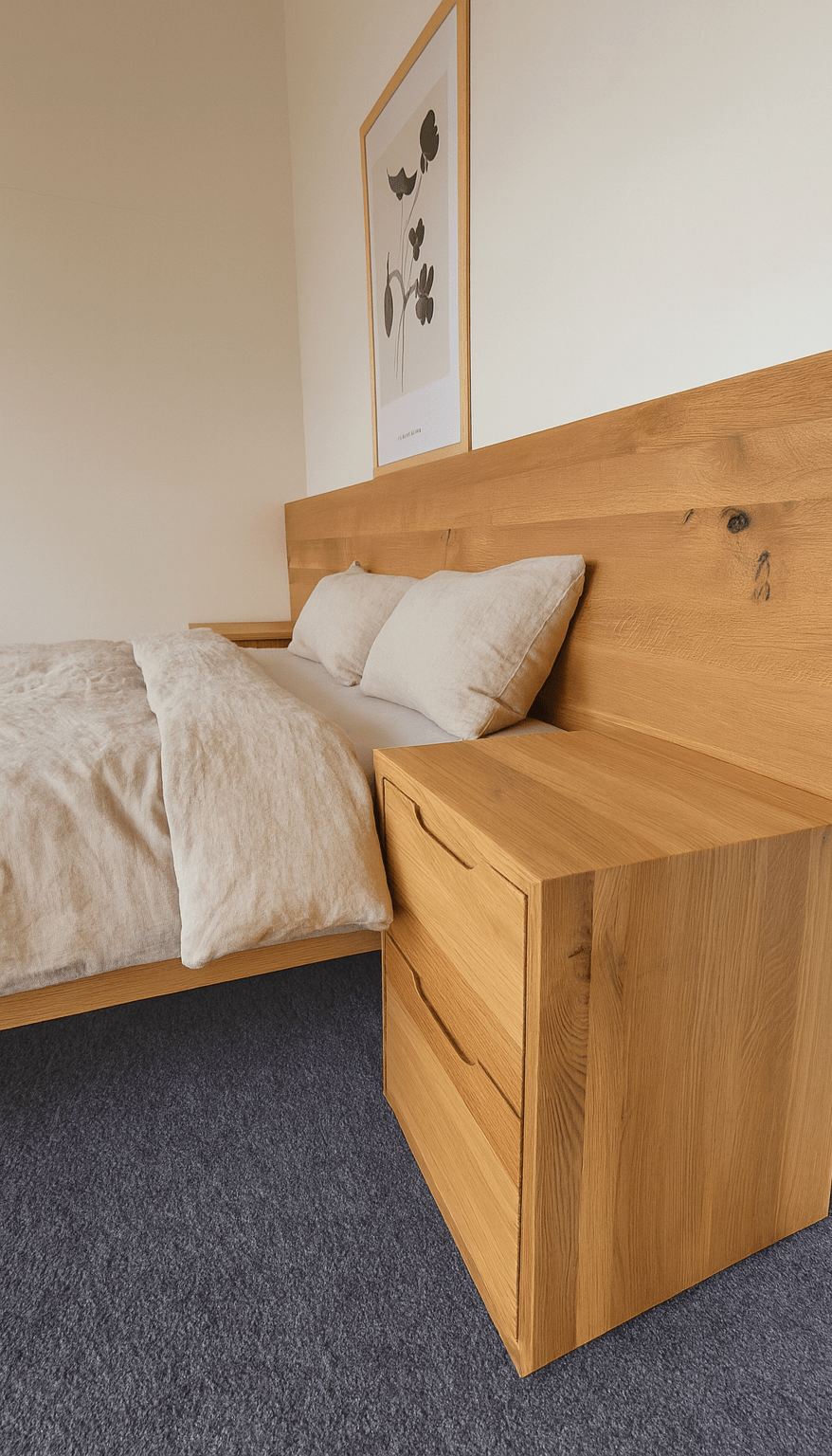 Wooden bed frame with beige bedding and a matching nightstand in a simple bedroom setting.