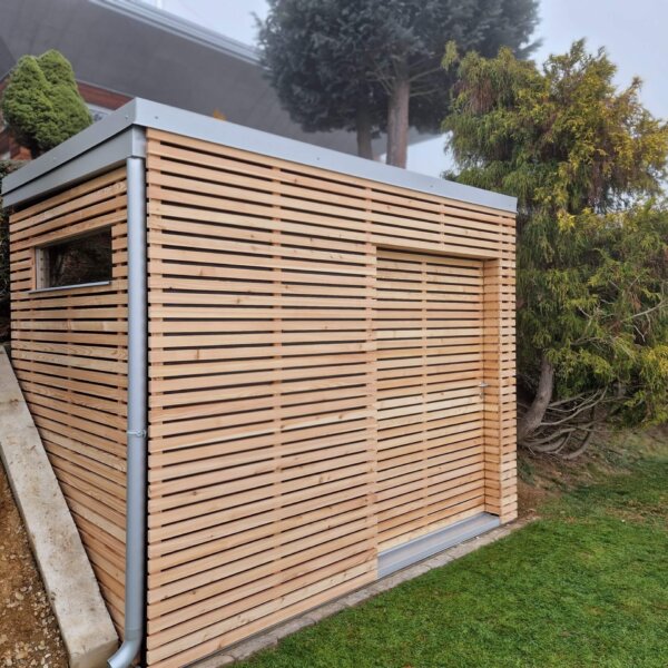 A. garden house with sliding doors, transverse slats