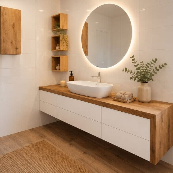 AURA XXL – solid oak bathroom unit with a pronounced countertop