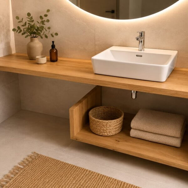 NIVA – wall-hung solid oak bathroom unit