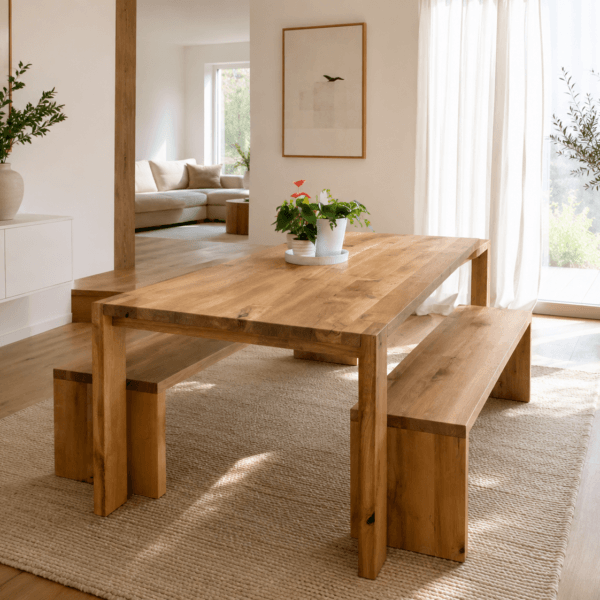 SAGA – Solid Oak Dining Table with Two Benches – 240 × 100 cm