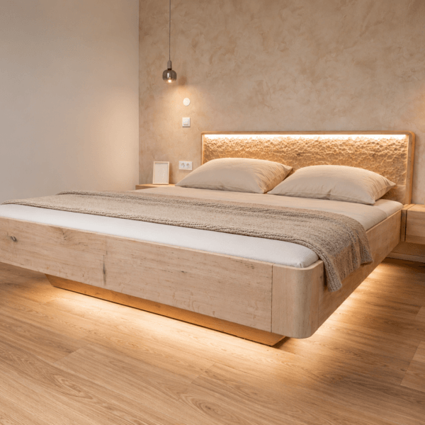 DOLLY – floating bed made of solid alder wood with a handcrafted headboard