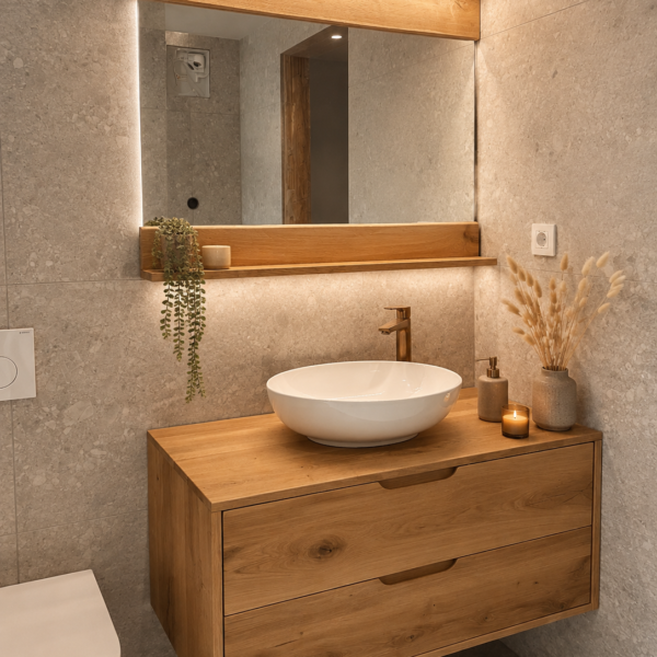 QUERCUS – solid oak bathroom unit with LED mirror