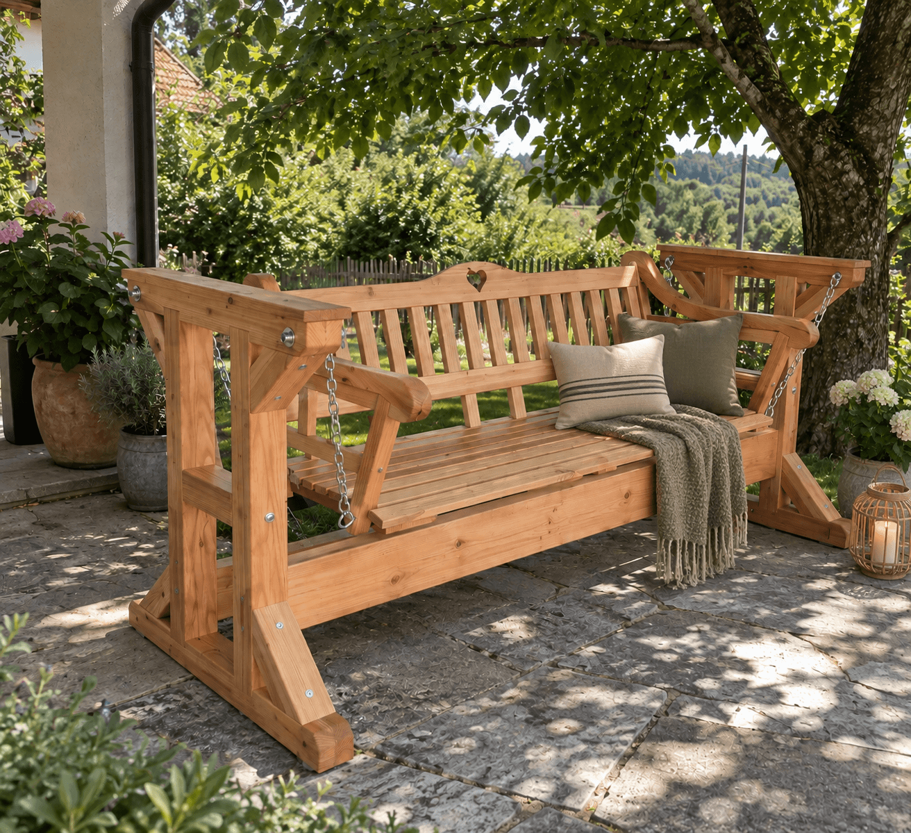 Movable garden swing with wooden stand