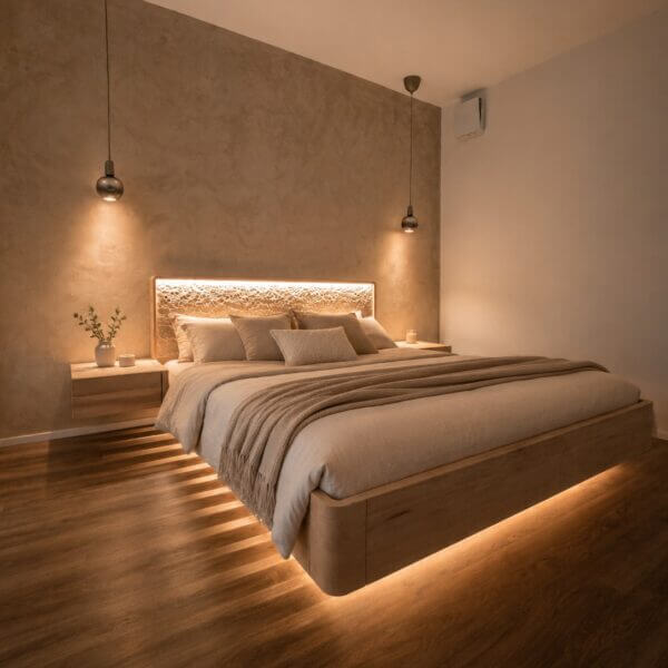 DOLLY – floating bed made of solid alder wood with a handcrafted headboard